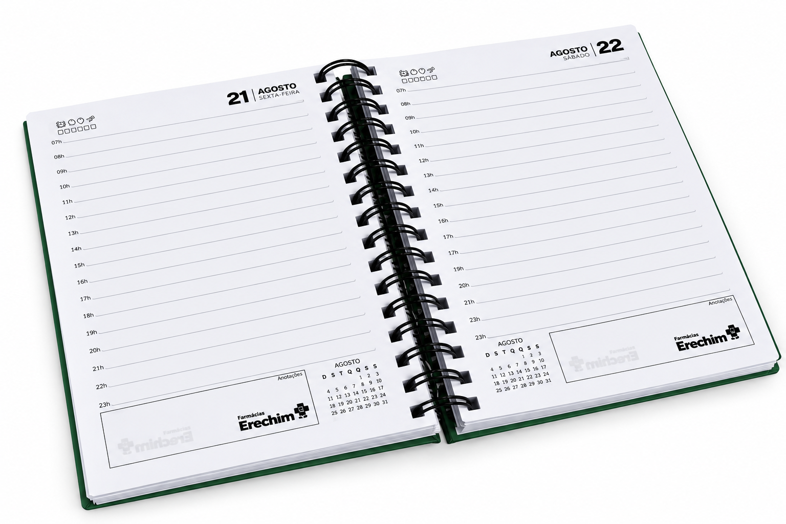 Agenda diária personalizada aberta, com horários e páginas internas