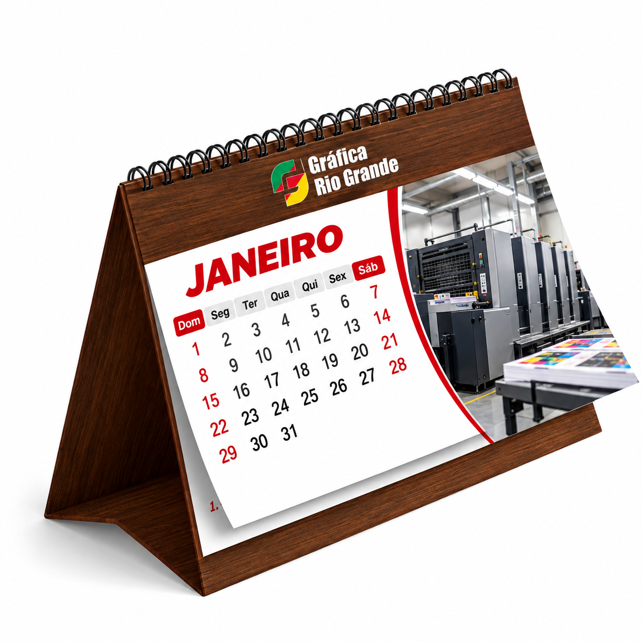 Calendário de mesa personalizado com logo da Gráfica Rio Grande e detalhes amadeirados