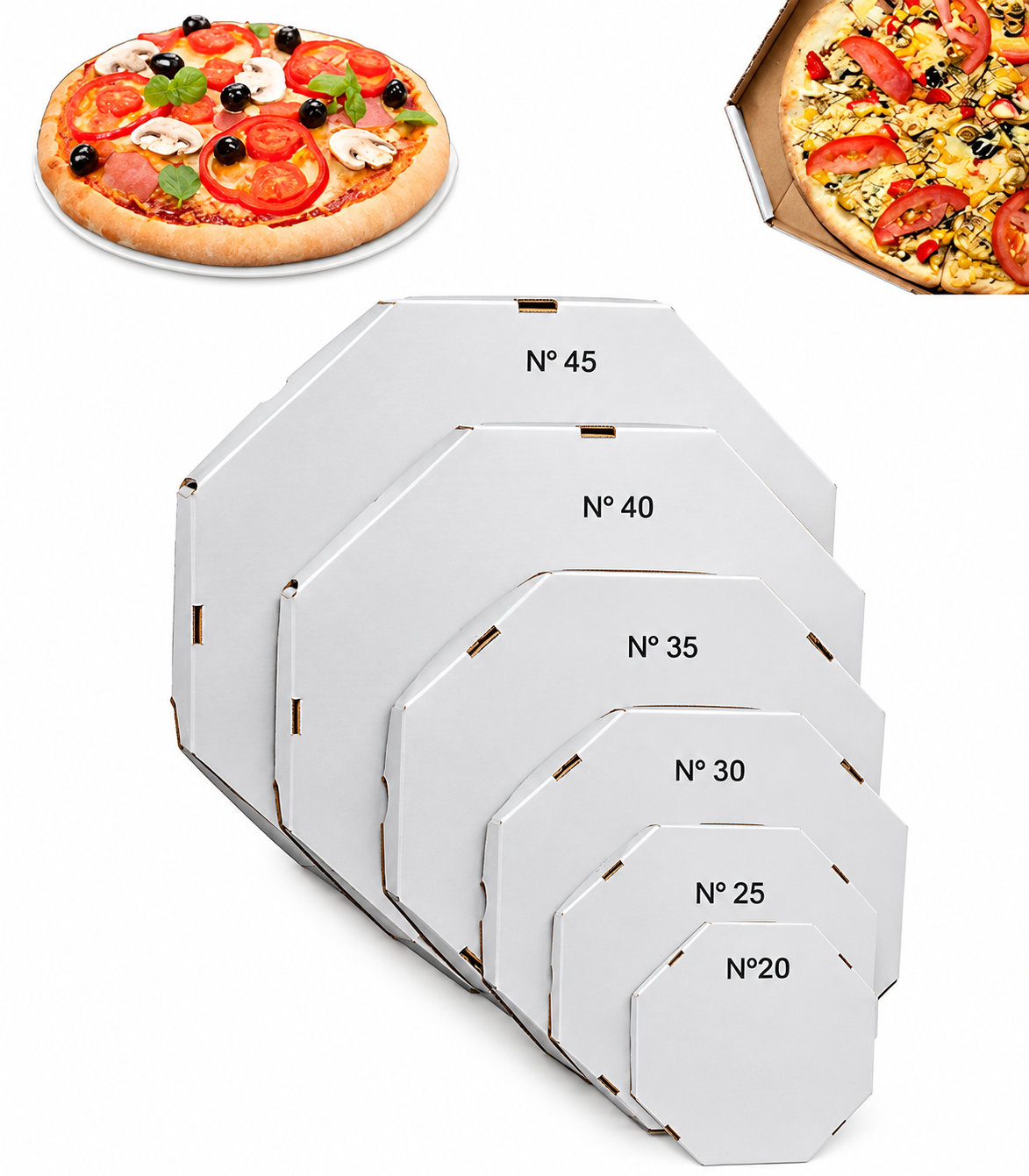 Caixas de pizza em papelão branco nos tamanhos 20 a 45 cm