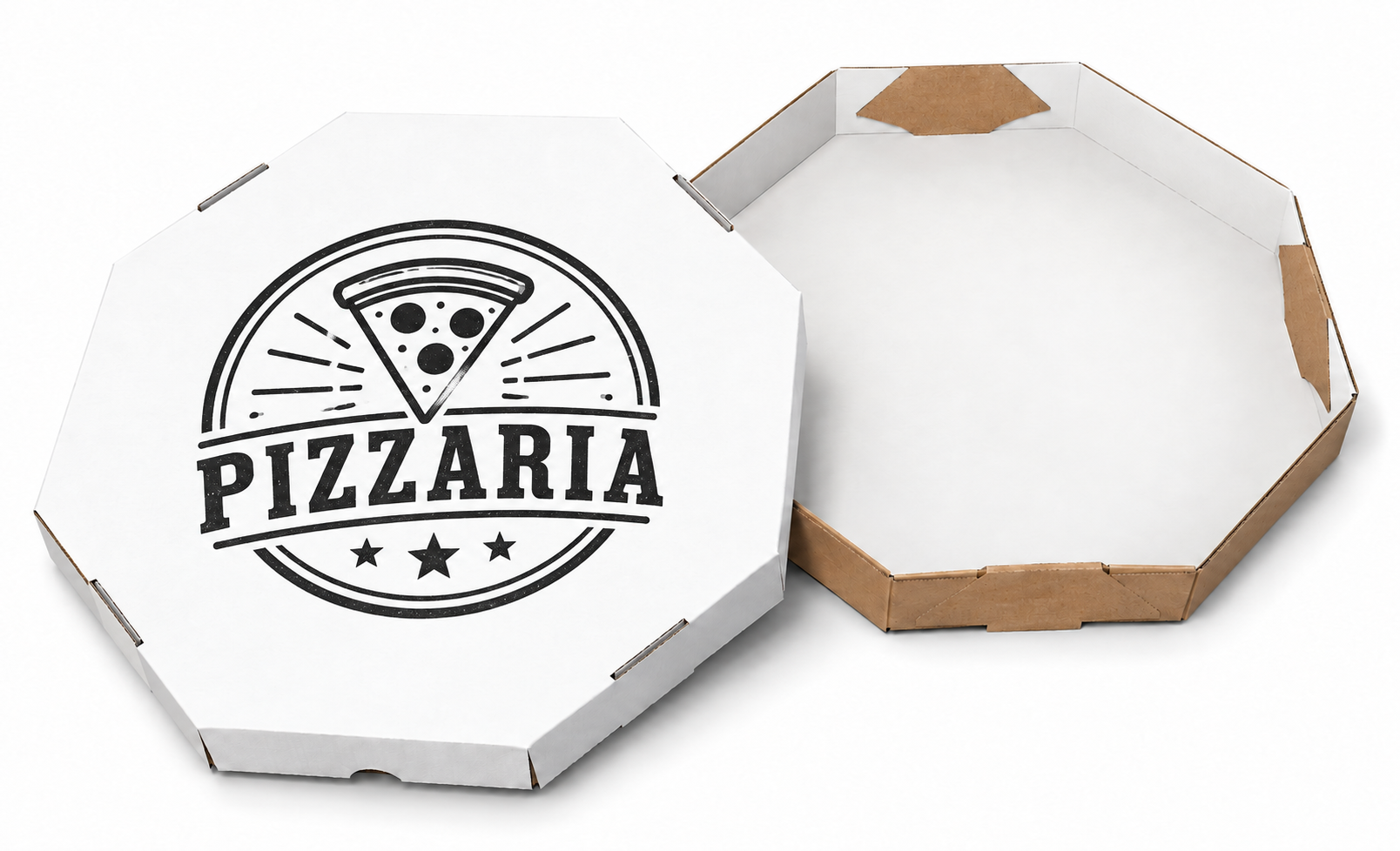 Caixa de pizza branca com logo genérico de pizzaria em preto na tampa e caixa aberta